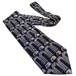 LAtelier Mens 100% Silk Tie Geometric Pattern Navy/Beige Made In USA